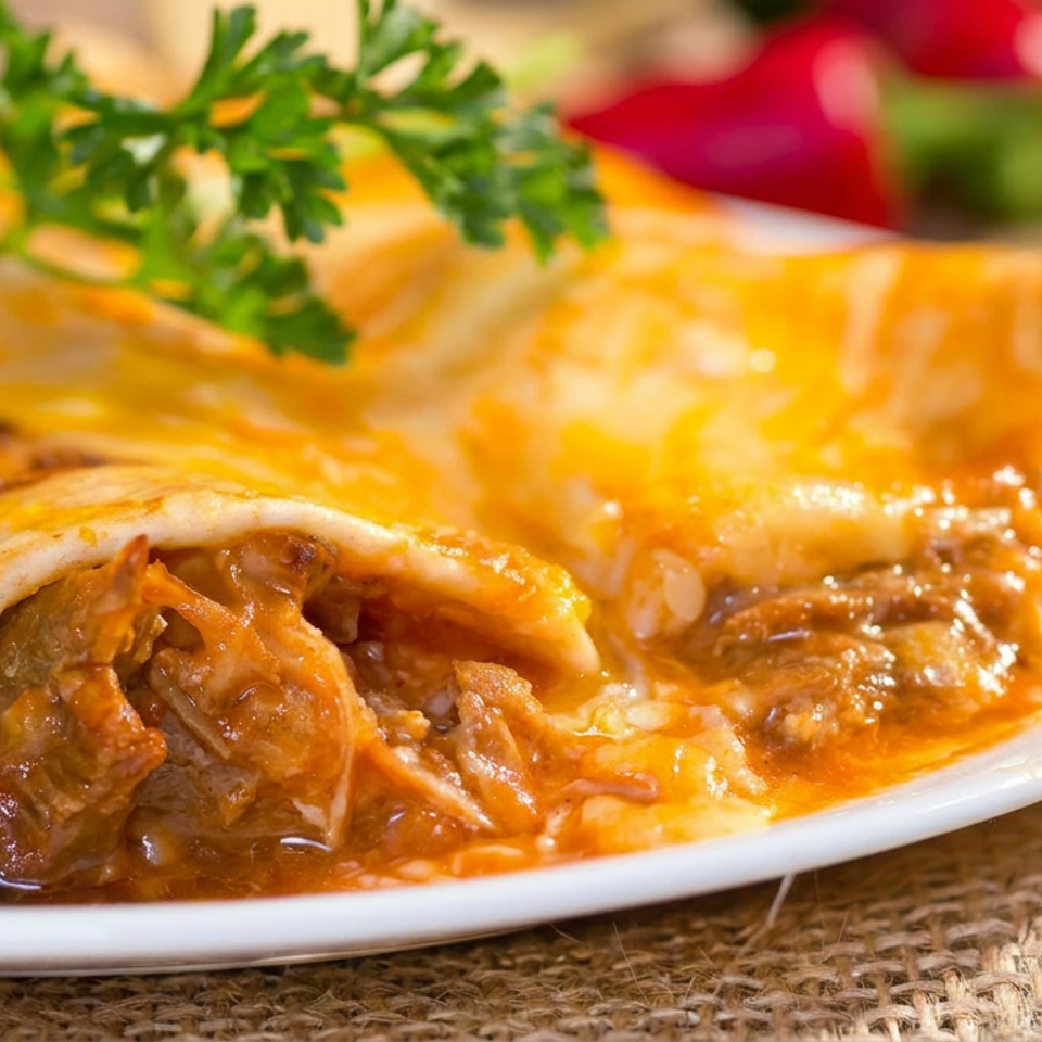 Close-up of cheese-covered enchiladas filled with shredded meat, served with black beans and parsley garnish on a white plate.