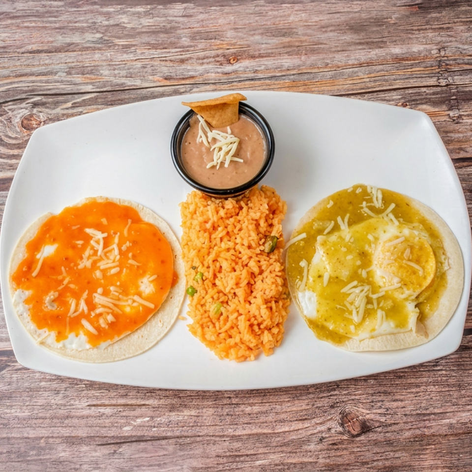 Plate of two sauced tortillas, Mexican rice, and bean dip topped with shredded cheese on a rustic wooden table.