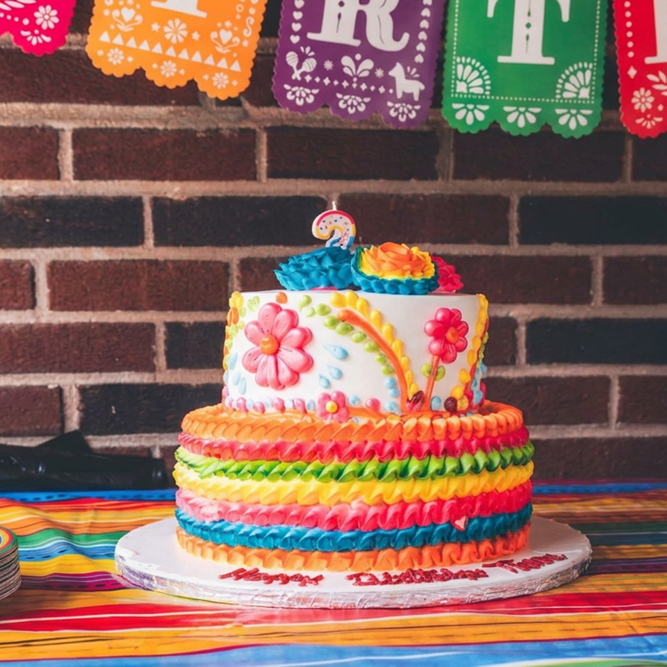 Colorful two-tier birthday cake decorated with flowers and rainbow frosting on a vibrant striped tablecloth.