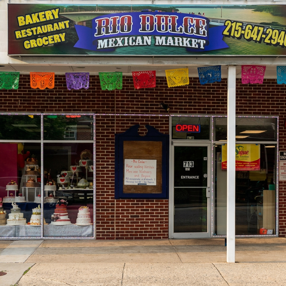 Rio Dulce Mexican Market storefront with bakery display windows, colorful papel picado decorations, and open entrances.
