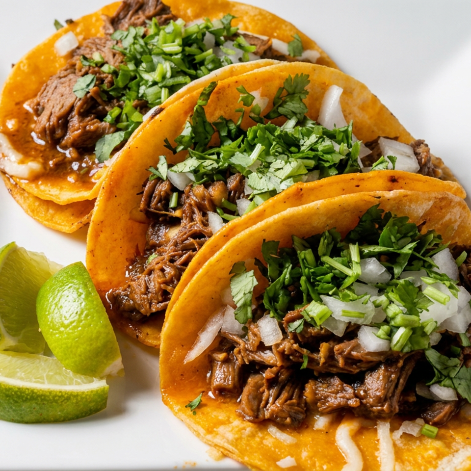 Three shredded beef tacos topped with cilantro and diced onions on a white plate, served with lime wedges.