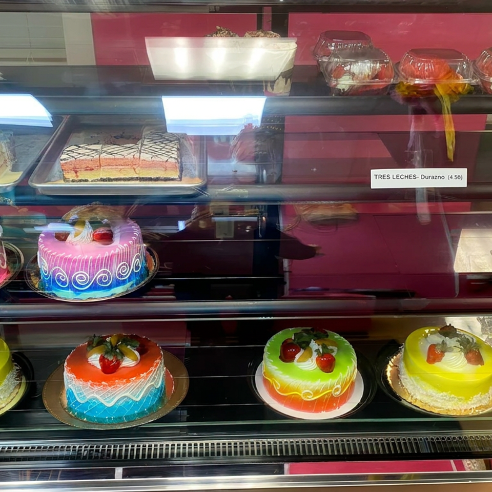 Bakery display case showcasing colorful decorated cakes, layered pastries, and desserts topped with whipped cream and fruit.