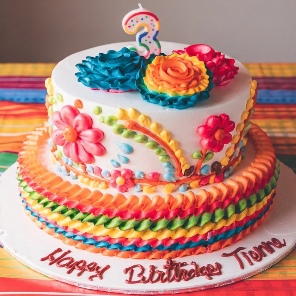 Colorful three-tier birthday cake decorated with flowers, rainbow frosting, and a number three candle on a striped tablecloth.