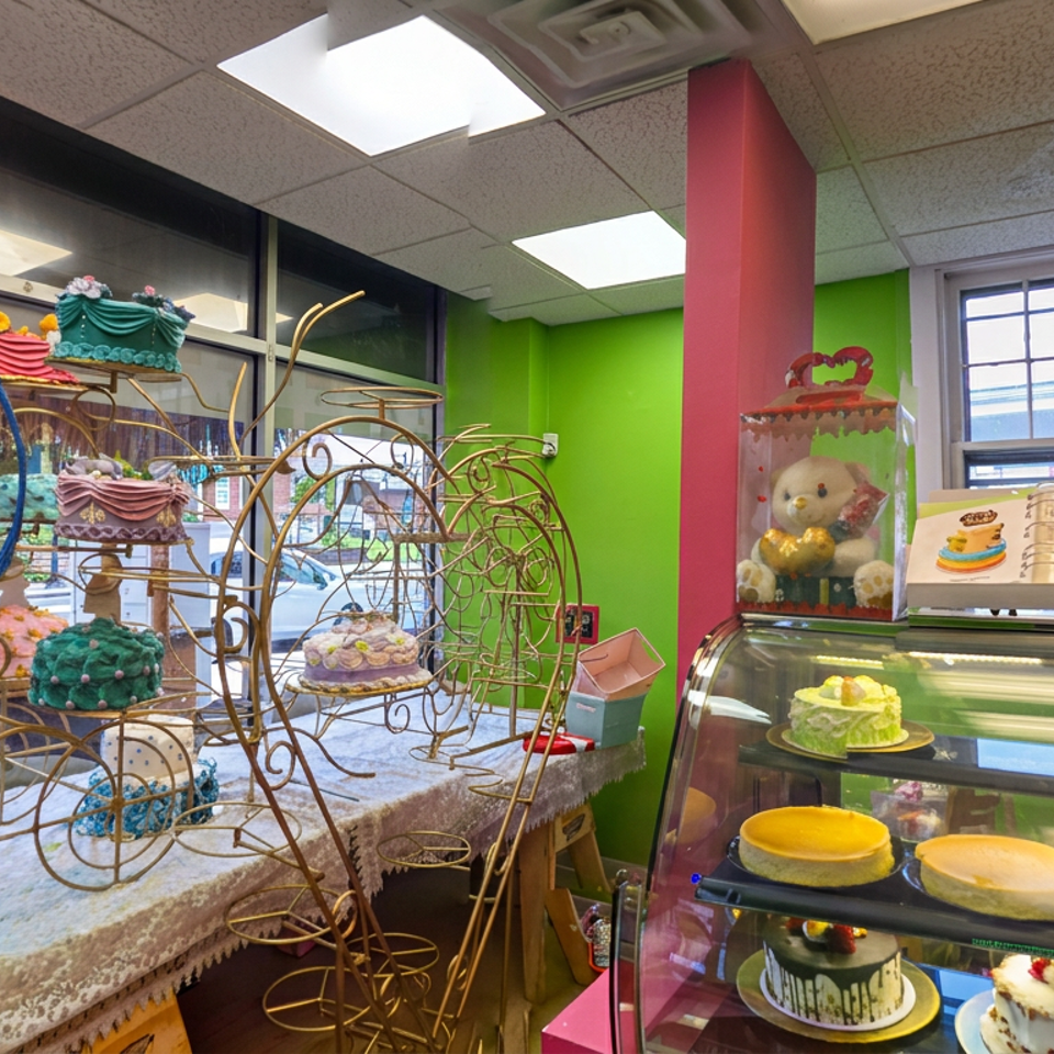 Colorful bakery display featuring decorated cakes on ornate stands beside a glass dessert case in a brightly painted shop.