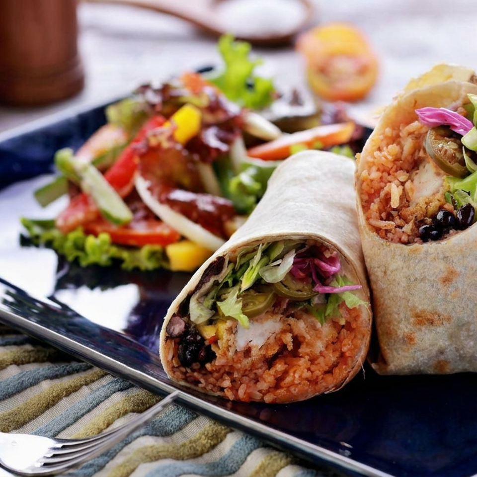 Two burritos filled with seasoned rice, black beans, vegetables, and lettuce sit on a plate beside a colorful salad.