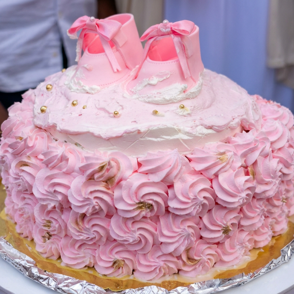 Elaborately decorated pink cake topped with two fondant baby shoes, surrounded by people and pink balloons.