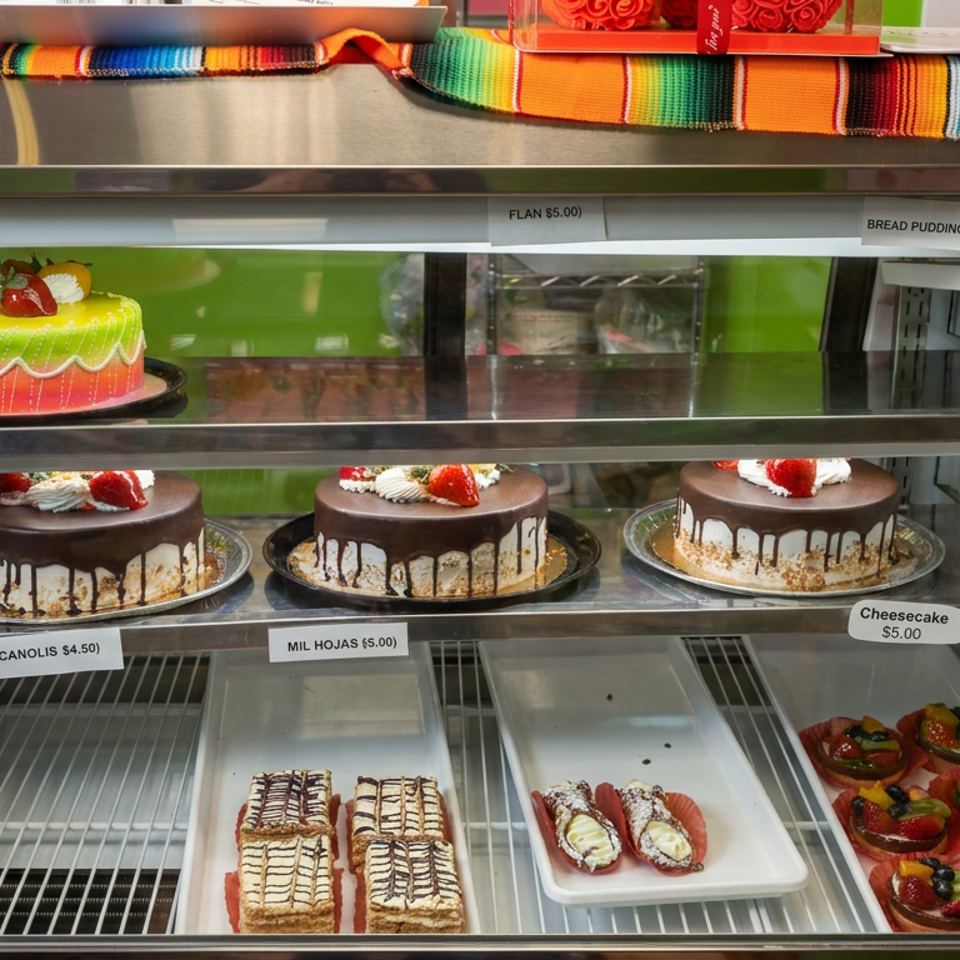 Refrigerated dessert display case featuring decorated cakes, chocolate-drizzled cheesecakes, cannolis, pastries, and fruit-topped tarts.