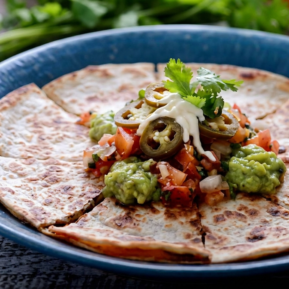 Grilled quesadilla wedges topped with guacamole, pico de gallo, jalapeños, sour cream, and cilantro on a blue plate.