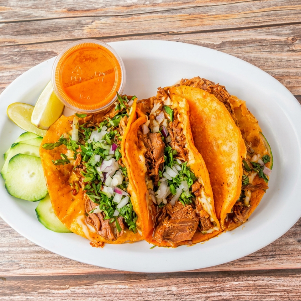 Plate of orange-sauced tacos topped with shredded meat, onions, and cilantro, served with cucumber, lime wedges, and dipping sauce.