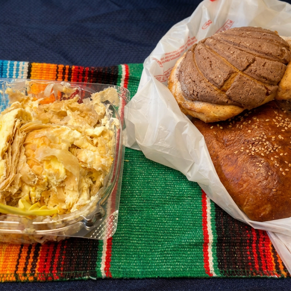 Sesame-topped burger with a ridged chocolate-colored topping beside a creamy fruit dessert on a colorful woven blanket.